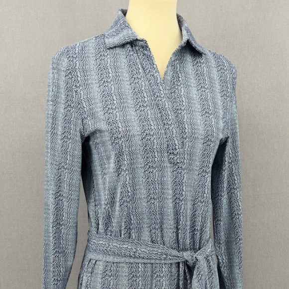 Elle Kai Blue Print Collared 3/4 Sleeve Belted Knee Length Sheath Size Small - Picture 5 of 12